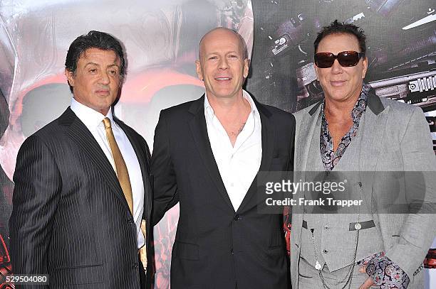 Actors Sylvester Stallone, Bruce Willis and Mickey Rourke arrive at the Premiere of Lionsgate Films' "The Expendables" held at Grauman's Chinese...