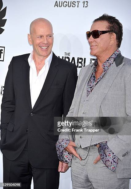 Actors Bruce Willis and Mickey Rourke arrive at the Premiere of Lionsgate Films' "The Expendables" held at Grauman's Chinese Theatre in Hollywood.