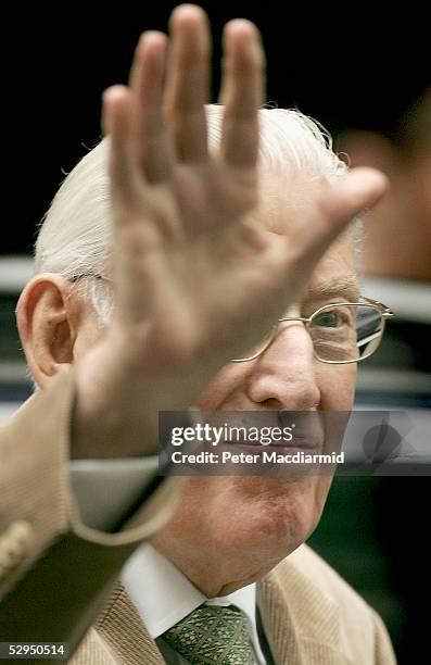 Party leader Ian Paisley waves as he arrives for a meeting with Prime Minister Tony Blair in Downing Street on May 19, 2005 in London. The DUP has...