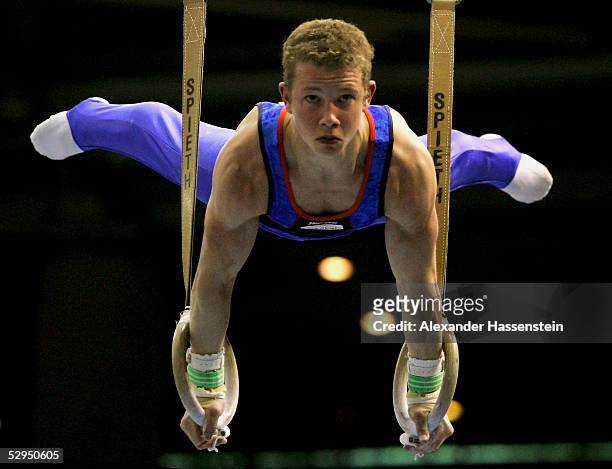 Fabian Hambuechen of Germany performs on the Rings during the International German Gymnastics Festival on May 19, 2005 in Berlin, Germany.