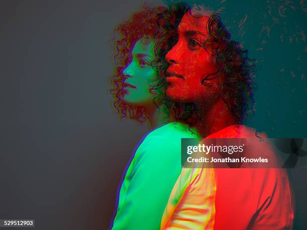 multiple exposure, side view,dark skinned female - herhaling begrippen stockfoto's en -beelden