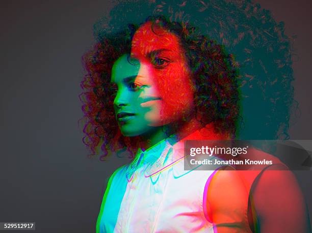 multiple exposure,side view,dark skinned female - same person different outfits stock pictures, royalty-free photos & images