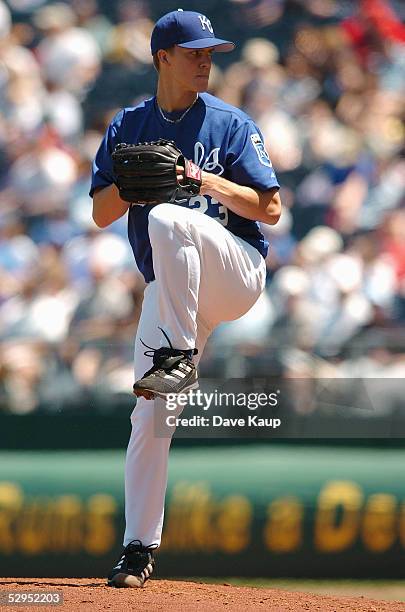 Zack Greinke of the Kansas City Royals pitches during the game with the Tampa Bay Devil Rays at Kauffman Stadium in Kansas City, Missouri May 15,...