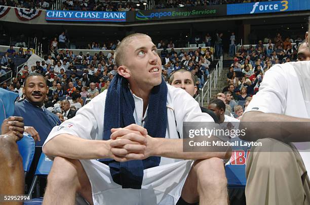 Steve Blake of the Washington Wizards sits on the bench against the Chicago Bulls in game four of the Eastern Conference Quaterfinals during the 2005...