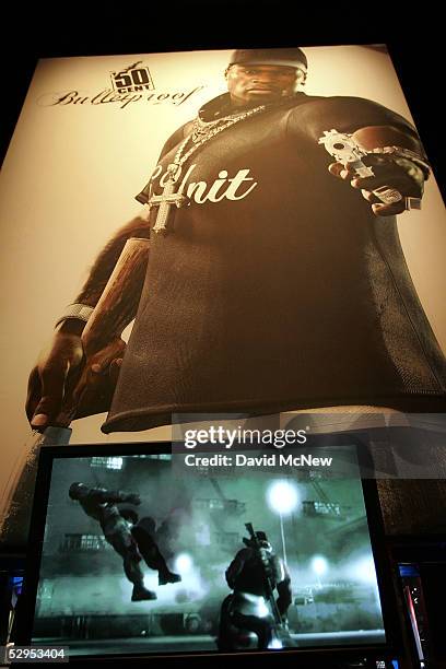 Character is killed on a monitor showing the 50 Cent Bulletproof game, based on rapper 50 Cent, in the Vivendi Universal Games exhibit at the 11th...