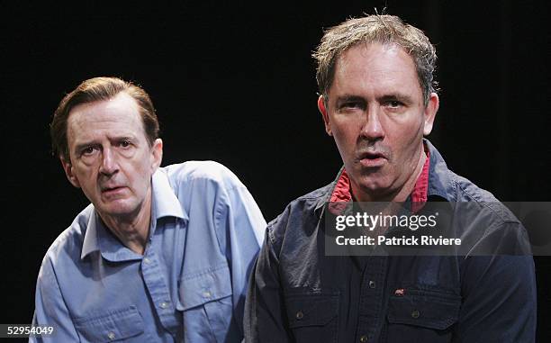 Actors Garry McDonald and Nicholas Eadie pose after a photo call for "Two Brothers" a play by Hannie Rayson at the Drama Theatre on May 20, 2005 in...