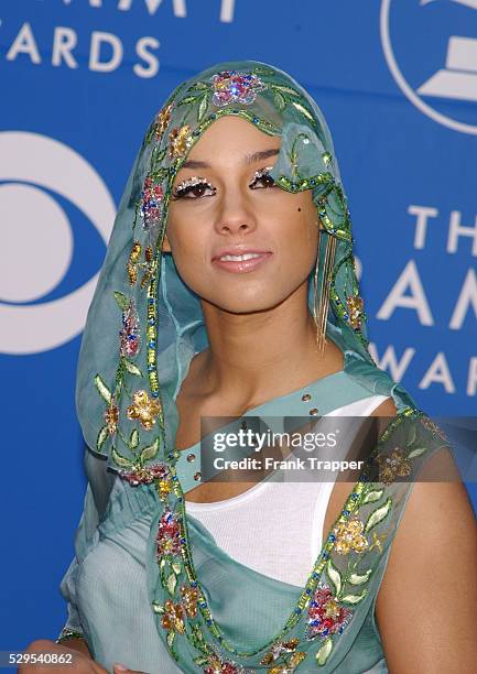 Alicia Keys arrives at the 44th annual Grammy Awards.