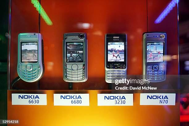 Nokia handheld devices are displayed in the N Gage exhibit area at the 11th annual Electronic Entertainment Expo on May 19, 2005 in Los Angeles,...