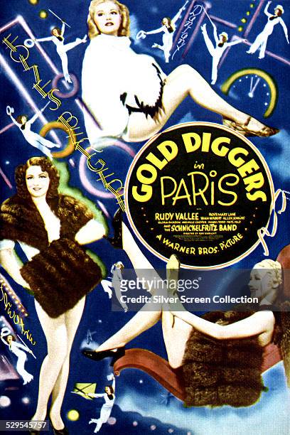 Poster for Ray Enright and Busby Berkeley's 1938 musical, 'Gold Diggers In Paris', featuring Rosemary Lane, Mabel Todd and Gloria Dickson.
