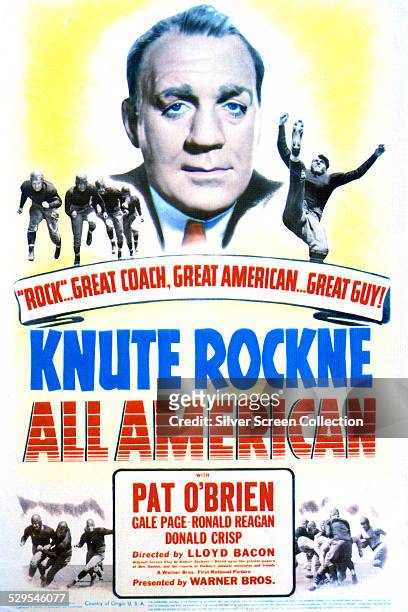 Poster for Lloyd Bacon's 1940 biopic, 'Knute Rockne, All American', starring Pat O'Brien and Ronald Reagan.