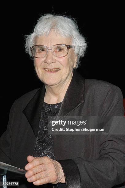 Writer Harper Lee speaks at the Library Foundation of Los Angeles 2005 Awards Dinner honoring Harper Lee at the City National Plaza on May 19, 2005...