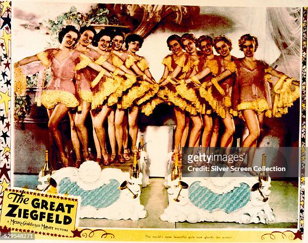 Lobby card for Robert Z. Leonard's 1936 musical drama 'The Great Ziegfeld', featuring Ziegfeld Follies showgirls. The film stars William Powell and...