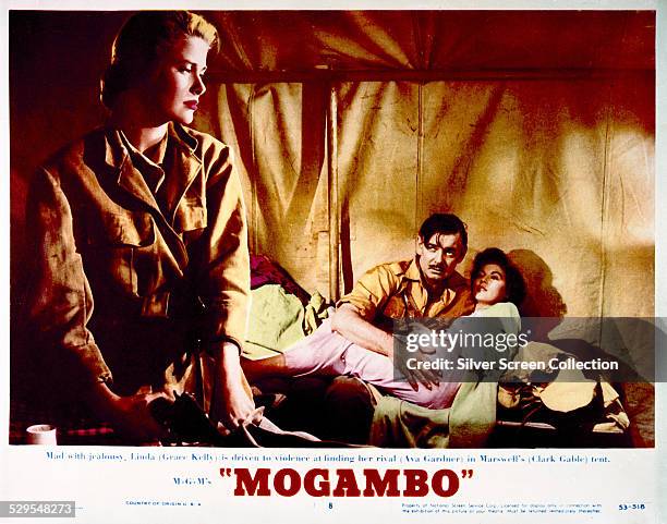 Lobby card for John Ford's 1953 romantic drama 'Mogambo', starring Grace Kelly, Clark Gable and Ava Gardner.