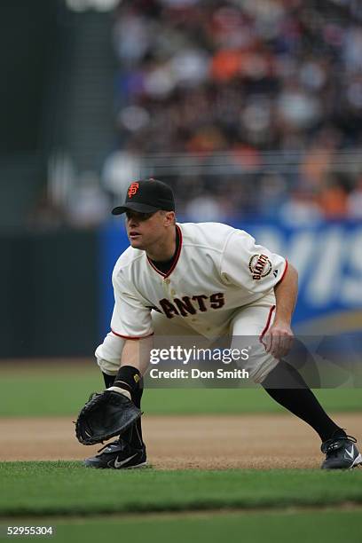 Snow of the San Francisco Giants fields during the game against the San Diego Padres at SBC Park on April 27, 2005 in San Francisco, California. The...