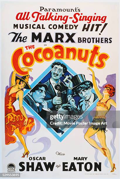 Poster for Robert Florey's 1929 comedy 'The Cocoanuts' starring Groucho Marx, Harpo Marx, Chico Marx, and Zeppo Marx.