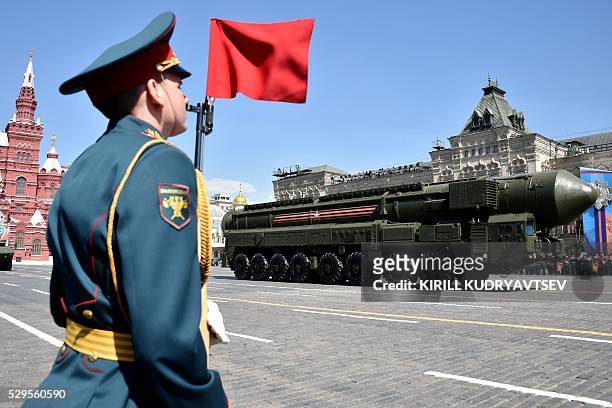 Russian Yars RS-24 intercontinental ballistic missile system rolls at Red Square during the Victory Day military parade in Moscow on May 9, 2016....