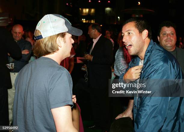 Actors David Spade and Adam Sandler talk at the afterparty for the premiere of Paramount Pictures' "The Longest Yard" on May 19, 2005 in Los Angeles,...
