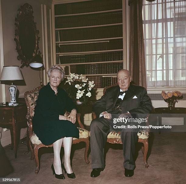 British politician and ex Prime Minister, Winston Churchill pictured with his wife Clementine Churchill at home in London on 11th April 1960.