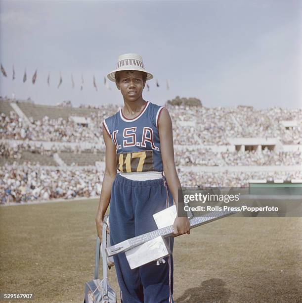 American track and field athlete, Wilma Rudolph pictured in the Olympic Stadium at the Summer Olympic Games in Rome, Italy in 1960.