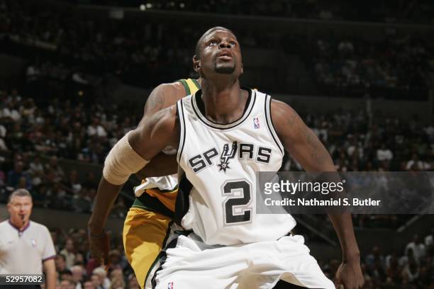 Nazr Mohammed of the San Antonio Spurs boxes out against the Seattle SuperSonics in Game two of the Western Conference Semifinals of the 2005 NBA...