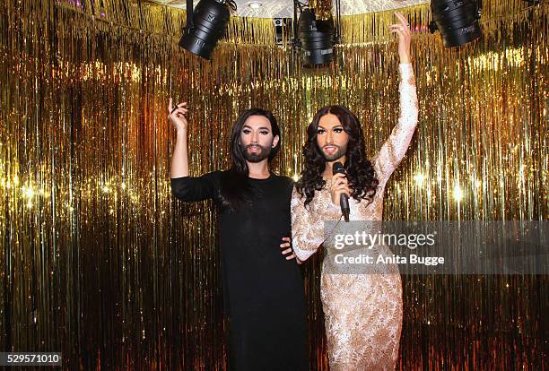 Singer Conchita Wurst unveils her own wax figure at Madame Tussauds on May 8, 2016 in Berlin, Germany.