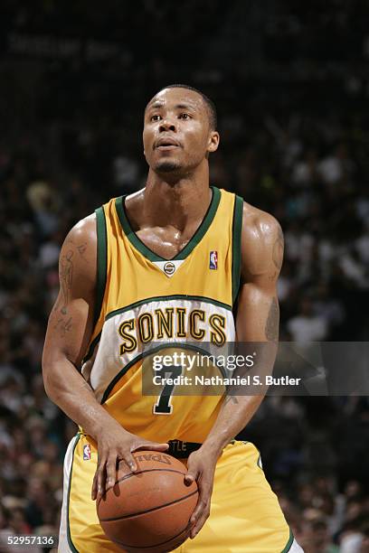 Rashard Lewis of the Seattle SuperSonics shoots a free throw against the San Antonio Spurs in Game two of the Western Conference Semifinals of the...