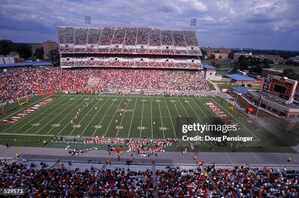 General view of the game between the Maryland Terrapins and the West Virginia Mountainieers at Byrd Stadium in College Park, Maryland. The Terrapins...