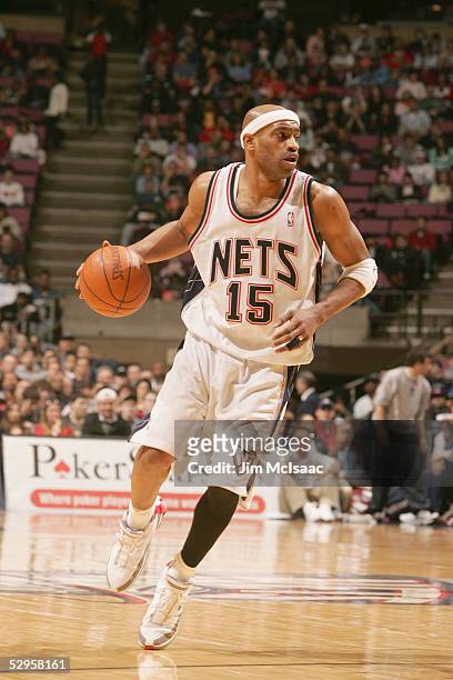 Vince Carter of the New Jersey Nets dribbles against the Minnesota Timberwolves during the game on March 26, 2005 at Continental Airlines Arena in...