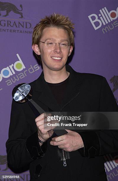 "American Idol" 2003 singer Clay Aiken in the press room with his award for Best Selling Single of the Year at the 2003 Billboard Music Awards.