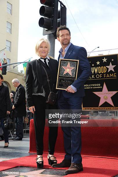 Actor Hugh Jackman pose with his wife Deborra-Lee Furness at the ceremony that honored with a Star on the Hollywood Walk of Fame, held in front of...