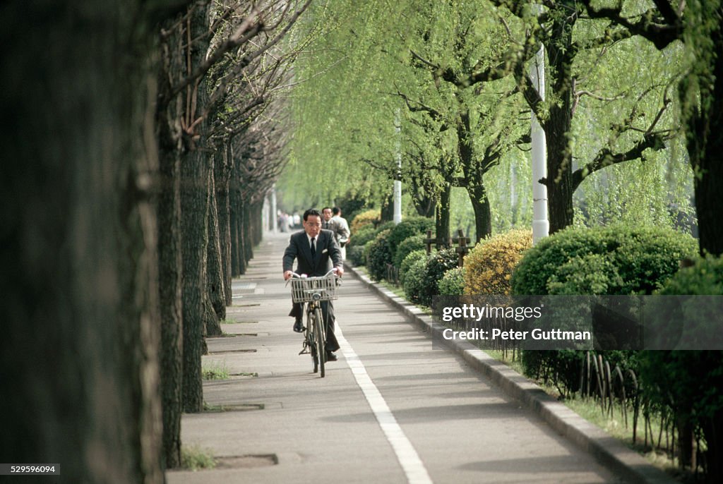 Man Bicycling Through Outer Palace Garden