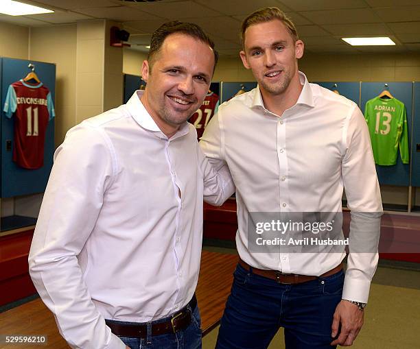 Matthew Etherington and Jack Collison pose for a photograph during the Farewell Boleyn Press Day at Boleyn Ground on May 9, 2016 in London, England.
