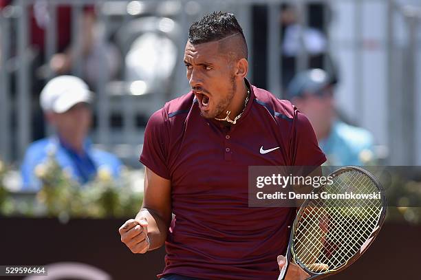 Nick Kyrgios of Australia celebrates a point in his match against Salvatore Caruso of Italy on Day Two of The Internazionali BNL d'Italia 2016 on May...