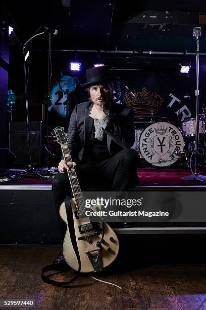 Portrait of Swedish musician Nalle Colt, guitarist with blues rock group Vintage Trouble, photographed before a live performance at 229 Venue in...