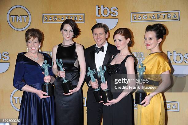 Actors Phyllis Logan, Michelle Dockery, Allen Leech, Amy Nuttall and Sophie McShera, winners of Outstanding Performance by an Ensemble in a Drama...