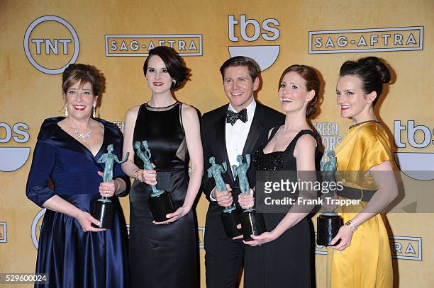 Actors Phyllis Logan, Michelle Dockery, Allen Leech, Amy Nuttall and Sophie McShera, winners of Outstanding Performance by an Ensemble in a Drama...