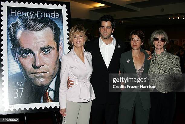 Shirlee Fonda , Jane Fonda and her son and daughter Troy Garity and Vanessa Vadim pose at the Henry Fonda Centennial Celebration and the US Postal...