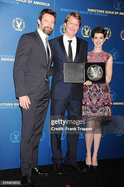 Presenter, actor Hugh Jackman; director Tom Hooper, recipient of the Feature Film Nomination Plaque for ?Les Miserables and presenter, actress Anne...