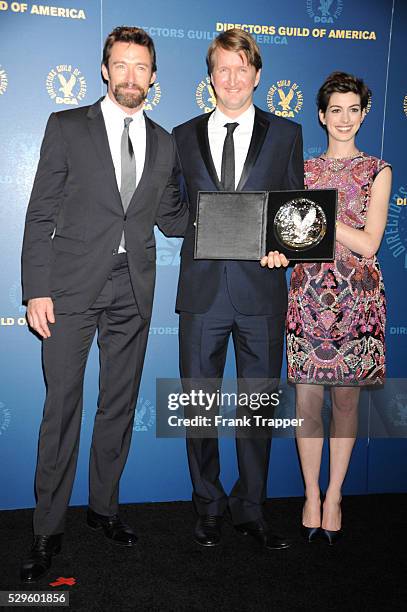 Presenter, actor Hugh Jackman; director Tom Hooper, recipient of the Feature Film Nomination Plaque for ?Les Miserables and presenter, actress Anne...