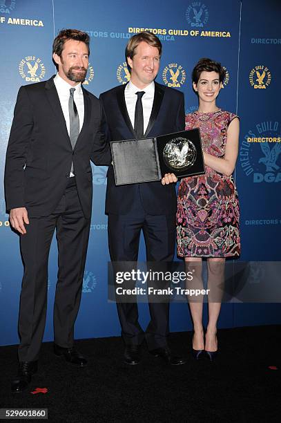 Presenter, actor Hugh Jackman; director Tom Hooper, recipient of the Feature Film Nomination Plaque for ?Les Miserables and presenter, actress Anne...