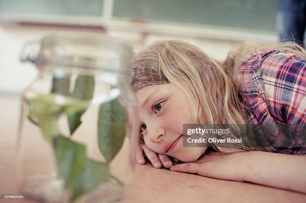 Young girl (8-9) looking at plant sample in jar