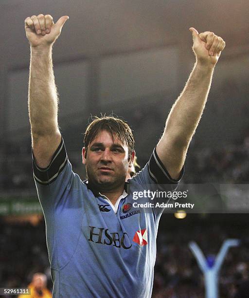 David Lyons of the Waratahs celebrates after victory in the Super 12 semi final match between the New South Wales Warahtahs and the Bulls at Aussie...