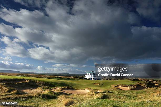 The approach to the green on the 595 yards par 5, 18th hole on the Castle Stuart Golf Links designed by Mark Parsinen and Gil Hanse on May 5, 2016 in...