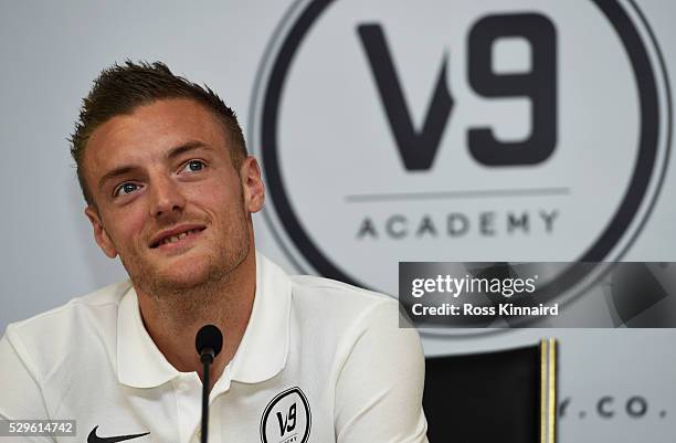 Leicester City and England striker Jamie Vardy looks on as he attends the Jamie Vardy V9 Academy Launch at The King Power Stadium on May 9, 2016 in...