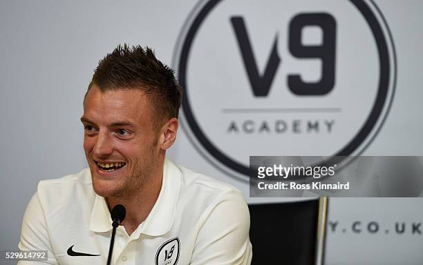 Leicester City and England striker Jamie Vardy speaks as he attends the Jamie Vardy V9 Academy Launch at The King Power Stadium on May 9, 2016 in...
