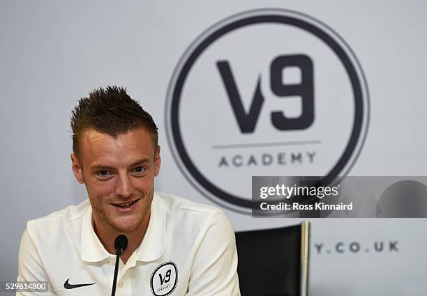 Leicester City and England striker Jamie Vardy speaks as he attends the Jamie Vardy V9 Academy Launch at The King Power Stadium on May 9, 2016 in...
