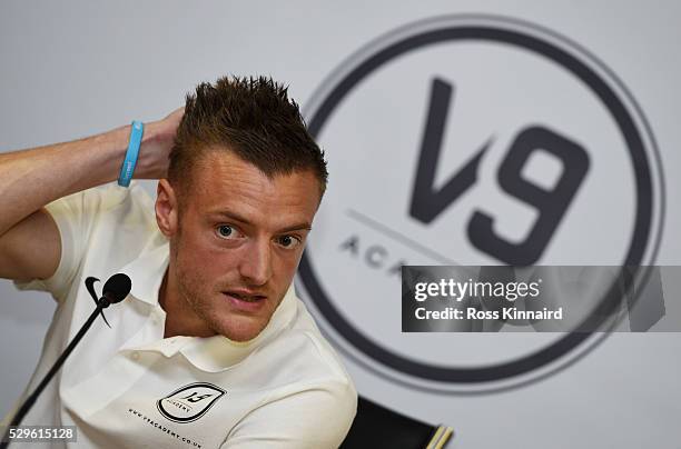 Leicester City and England striker Jamie Vardy looks on as he attends the Jamie Vardy V9 Academy Launch at The King Power Stadium on May 9, 2016 in...