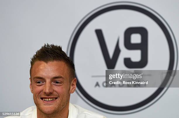 Leicester City and England striker Jamie Vardy smiles as he attends the Jamie Vardy V9 Academy Launch at The King Power Stadium on May 9, 2016 in...