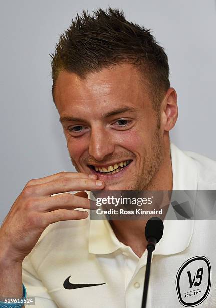 Leicester City and England striker Jamie Vardy smiles as he attends the Jamie Vardy V9 Academy Launch at The King Power Stadium on May 9, 2016 in...