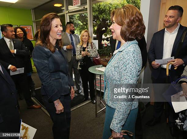 Mayor of Oakland Libby Schaaf speaks with Administrator of the U.S. Small Business Administration Maria Contreras-Sweet prior to a tour the...